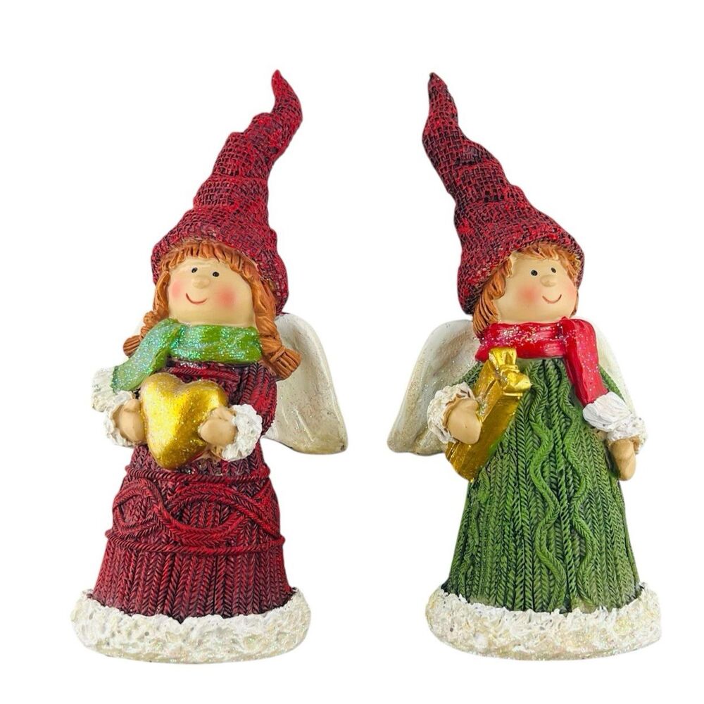 Set Of 2 Christmas Resin Figurines Glittery Angel Girl Boy Heart Present